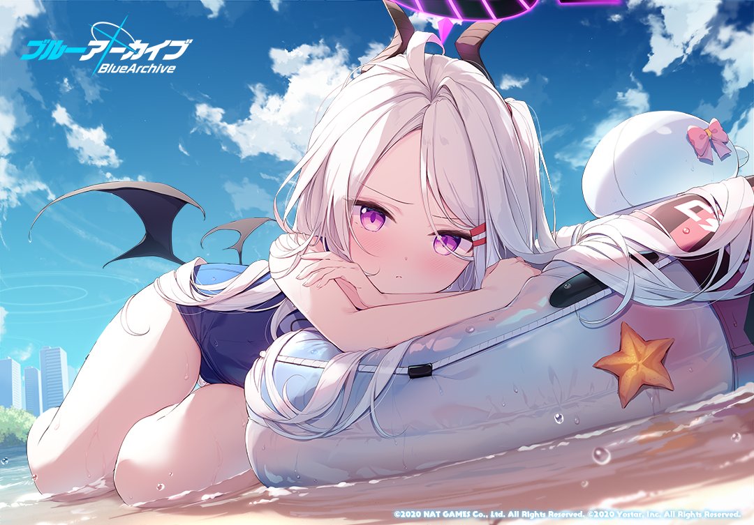1girl, ahoge, bangs, blue_archive, blue_swimsuit, blush, building, day, hair_ornament, hairclip, halo, hina_(blue_archive), horns, inflatable_toy, logo, long_hair, looking_at_viewer, low_wings, lying, multiple_horns, nijihashi_sora, official_art, one-piece_swimsuit, outdoors, school_swimsuit, sky, solo, starfish, swimsuit, very_long_hair, violet_eyes, water, white_hair, wings