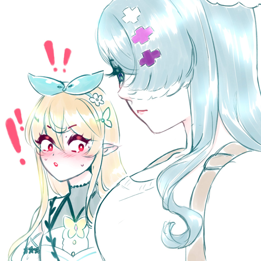 !, 2girls, blonde_hair, blue_eyes, blush, breasts, elira_pendora, english_commentary