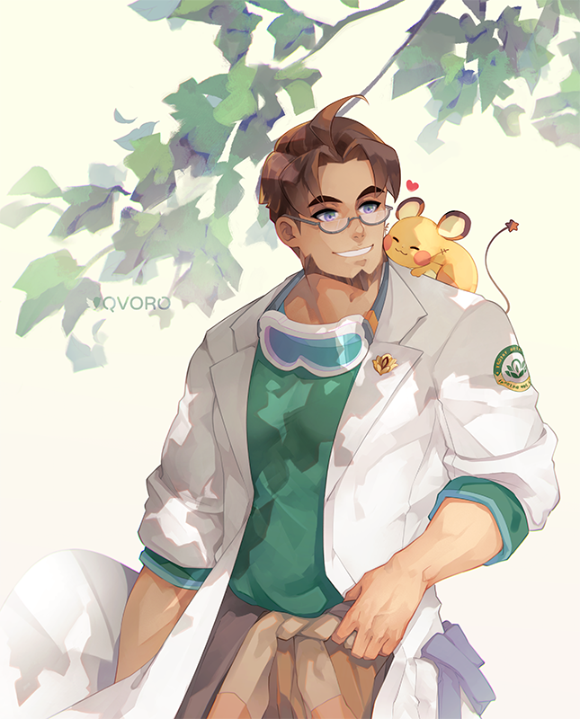 1boy, ahoge, artist_name, bangs, beard, brown_hair, brown_pants, commentary_request, dedenne, facial_hair, gen_6_pokemon, glasses, goggles, goggles_around_neck, green_shirt, heart, labcoat, male_focus, mirror_(pokemon), new_pokemon_snap, on_shoulder, pants, parted_bangs, pokemon, pokemon_(creature), pokemon_(game), pokemon_on_shoulder, qvoro, semi-rimless_eyewear, shirt, short_hair, smile