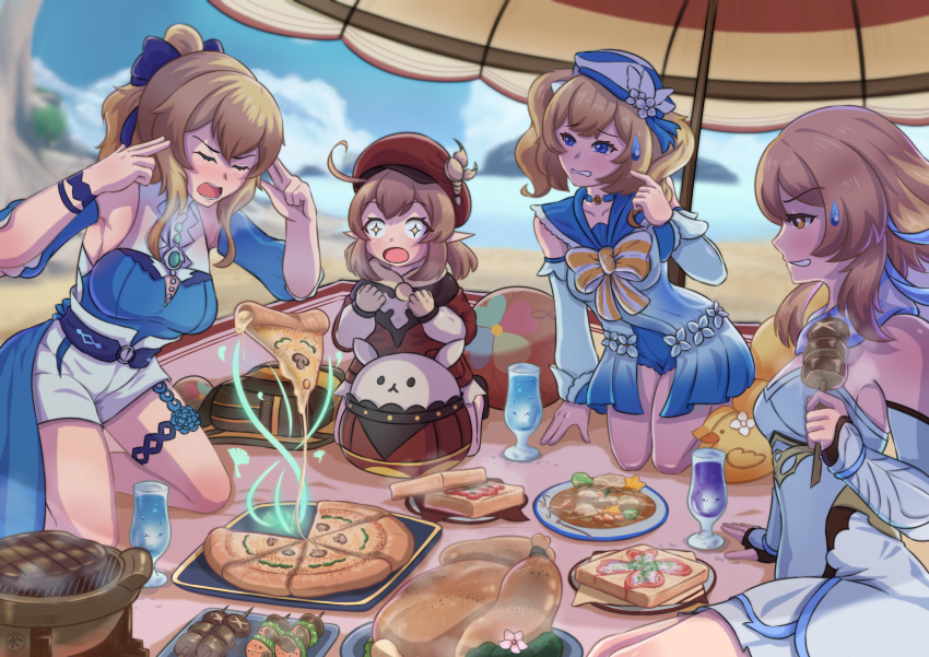 4girls, ahoge, bangs, barbara_(genshin_impact), barbara_(summertime_sparkle)_(genshin_impact), beach, blue_eyes, blue_sky, blurry, bow, cabbie_hat, choker, clouds, cloudy_sky, coat, commentary, cup, depth_of_field, detached_sleeves, drill_hair, drink, drinking_glass, english_commentary, eyebrows_visible_through_hair, finger_to_head, flower, food, genshin_impact, hair_between_eyes, hair_bow, hair_flower, hair_ornament, hair_ribbon, hat, hat_feather, hat_ornament, highres, holding, holding_food, horizon, island, jean_(genshin_impact), jean_(sea_breeze_dandelion)_(genshin_impact), jumpy_dumpty, klee_(genshin_impact), kneeling, light_brown_eyes, light_brown_hair, long_hair, long_sleeves, looking_at_another, low_twintails, lumine_(genshin_impact), multiple_girls, ocean, pizza, plate, pointy_ears, ponytail, ribbon, scarf, short_hair, sidelocks, skaditya, skewer, sky, steak, sweatdrop, telekinesis, toast, twin_drills, twintails