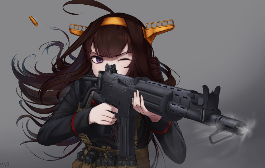 1girl, absurdres, ahoge, alternate_costume, assault_rifle, black_shirt, brown_hair, commission