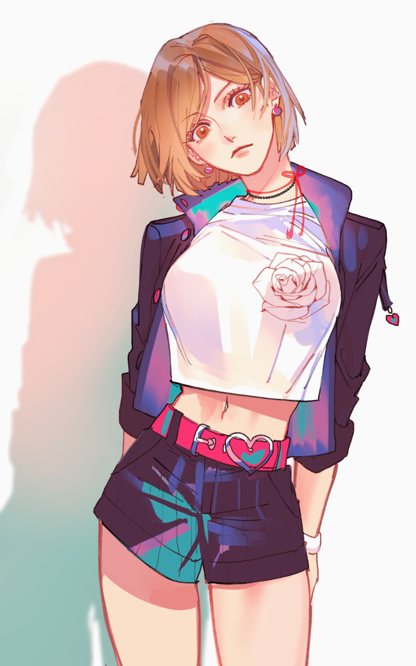 1girl, absurdres, arms_behind_back, bangs, bead_necklace, beads, belt, belt_buckle