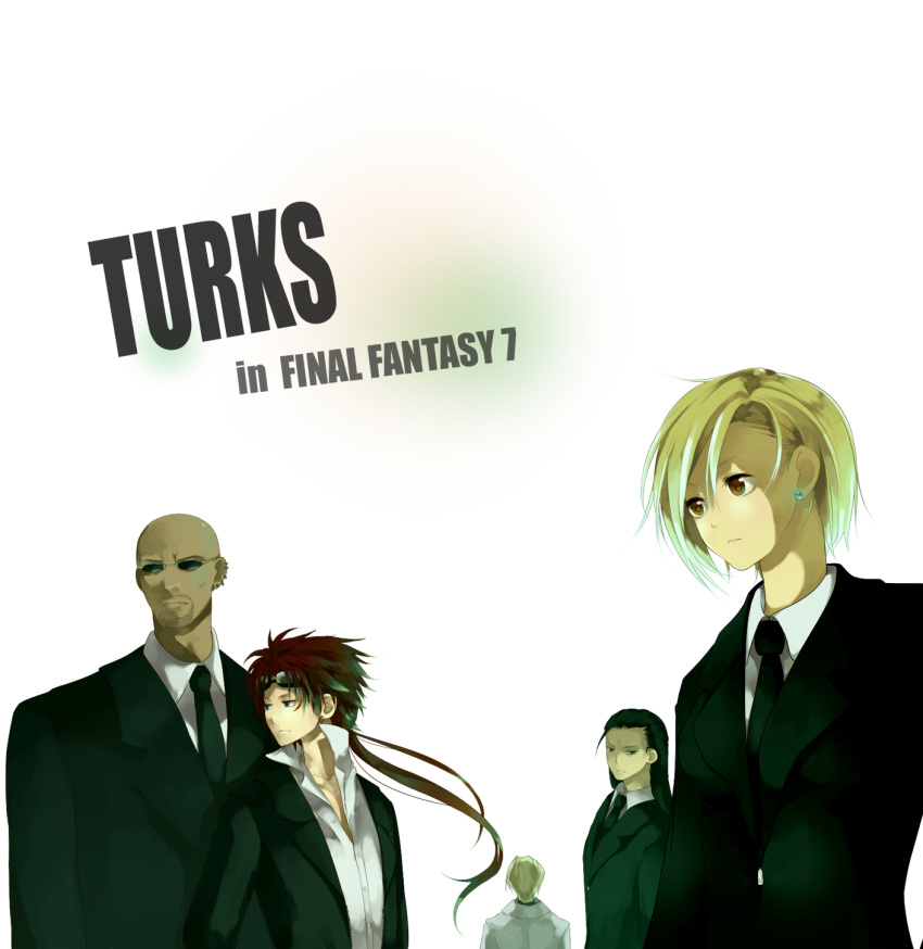 4boys, bald, black_hair, blonde_hair, blue_eyes, brown_eyes, earrings, elena_(ff7)