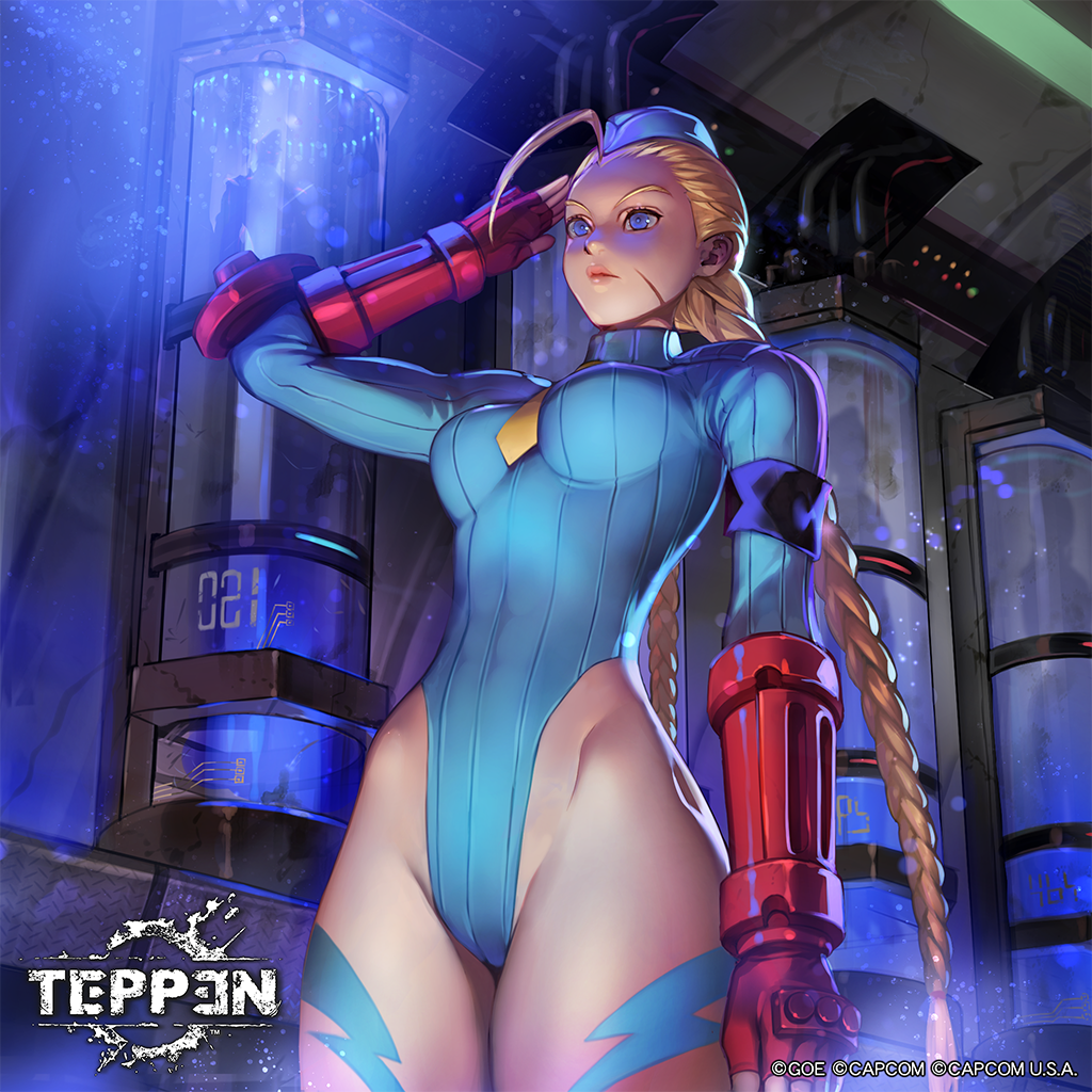1girl, ahoge, blonde_hair, blue_eyes, blue_leotard, bodypaint, braid, cammy_white, commentary_request, fingerless_gloves, from_below, garrison_cap, gloves, hat, highleg, highleg_leotard, huge_ahoge, leotard, long_hair, necktie, red_gloves, ribbed_leotard, salute, solo, street_fighter, street_fighter_zero_(series), temoshi, teppen, twin_braids, yellow_neckwear