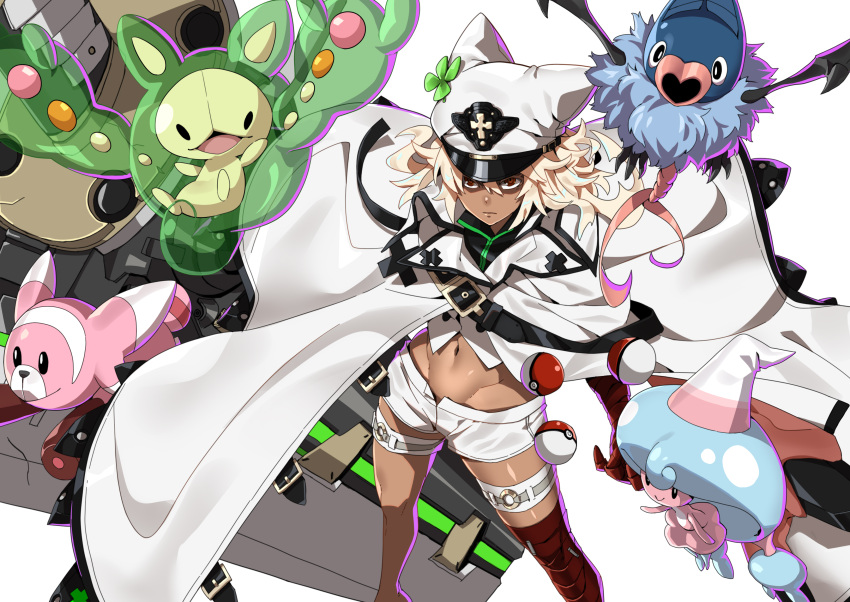 1girl, absurdres, bangs, blonde_hair, brown_legwear, closed_mouth, clover, crossover