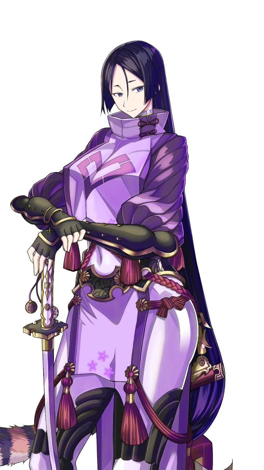 1girl, arm_guards, armor, bangs, bodysuit, breasts, fate/grand_order, fate_(series), hand_on_hilt, hao718, highres, huge_breasts, japanese_armor, katana, kote, loincloth, long_hair, low-tied_long_hair, minamoto_no_raikou_(fate), parted_bangs, planted, planted_sword, purple_bodysuit, purple_hair, ribbed_sleeves, rope, scabbard, sheath, simple_background, solo, standing, sword, tabard, unsheathed, very_long_hair, violet_eyes, weapon, white_background