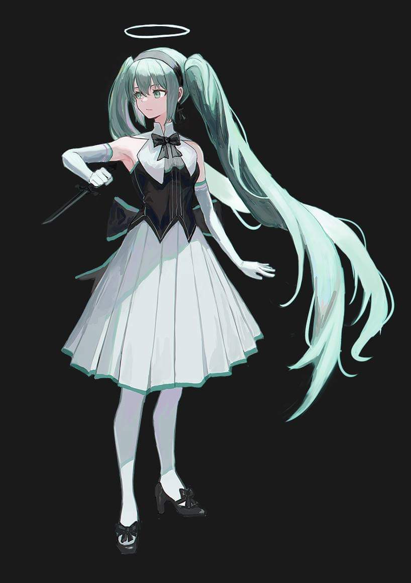 1girl, aqua_hair, armpits, bangs, black_background, black_bow, black_footwear, black_hairband, black_neckwear, black_vest, bow, closed_mouth, elbow_gloves, floating_hair, full_body, gloves, green_eyes, hair_between_eyes, hairband, hatsune_miku, high_heels, holding, holding_knife, knife, long_hair, medium_skirt, pleated_skirt, simple_background, skirt, solo, standing, very_long_hair, vest, vido_sprout, vocaloid, white_gloves, white_skirt