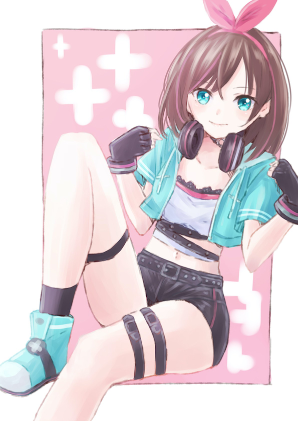 1girl, black_gloves, black_legwear, black_shorts, blue_eyes, blue_footwear, blue_jacket, border