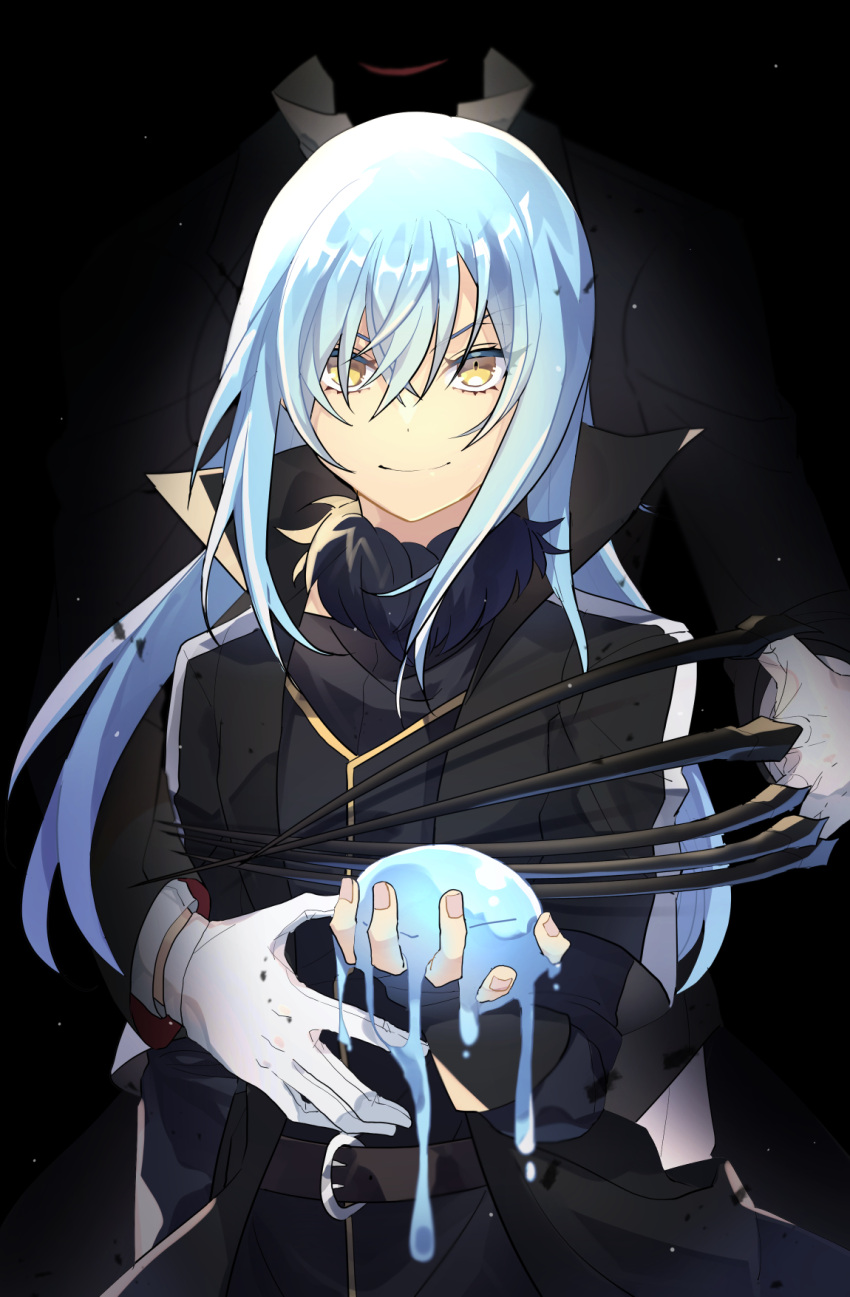 1boy, 1other, androgynous, bangs, belt, belt_buckle, black_belt, black_coat