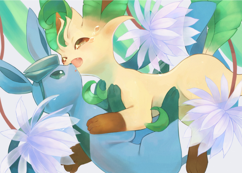 brown_eyes, commentary_request, crying, eye_contact, fangs, flower, from_side, gen_4_pokemon