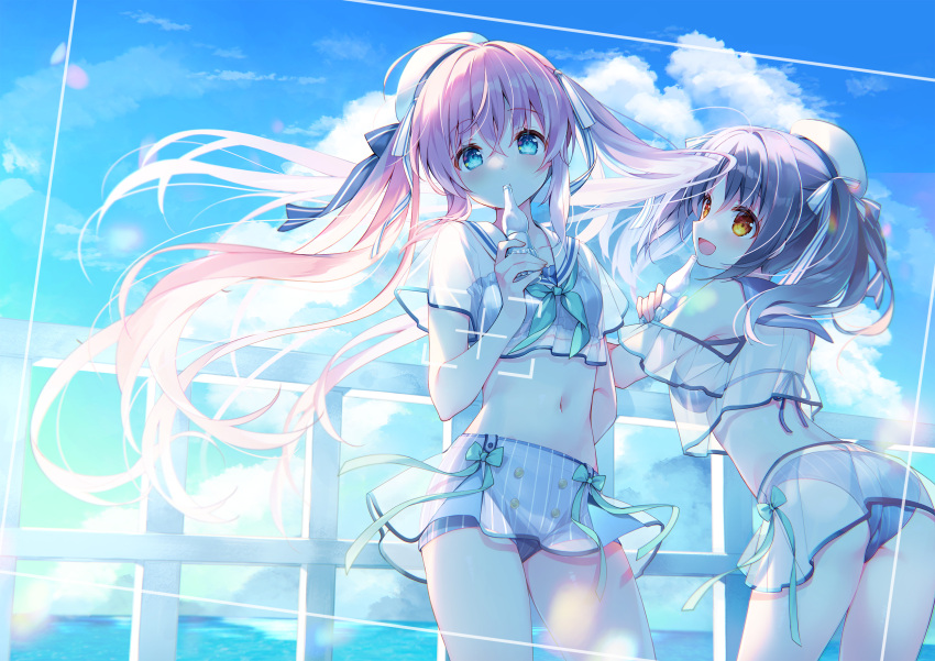 2girls, :d, ass, backlighting, bare_shoulders, bikini, bikini_under_clothes, black_hair, blue_bikini, blue_eyes, blue_sky, blue_theme, bottle, breasts, clothing_cutout, clouds, cowboy_shot, crop_top, crop_top_overhang, emori_miku_project, floating_hair, frilled_bikini, frills, from_behind, halterneck, highres, holding, hoshisakura_kirano, leaning_forward, long_hair, looking_at_viewer, midriff, miniskirt, multiple_girls, navel, open_mouth, orange_eyes, pink_hair, sailor_collar, school_uniform, see-through, serafuku, short_shorts, short_sleeves, shorts, shorts_under_skirt, shoulder_cutout, skirt, sky, small_breasts, smile, stomach, striped, striped_shorts, suimya, swimsuit, twintails, very_long_hair, viewfinder