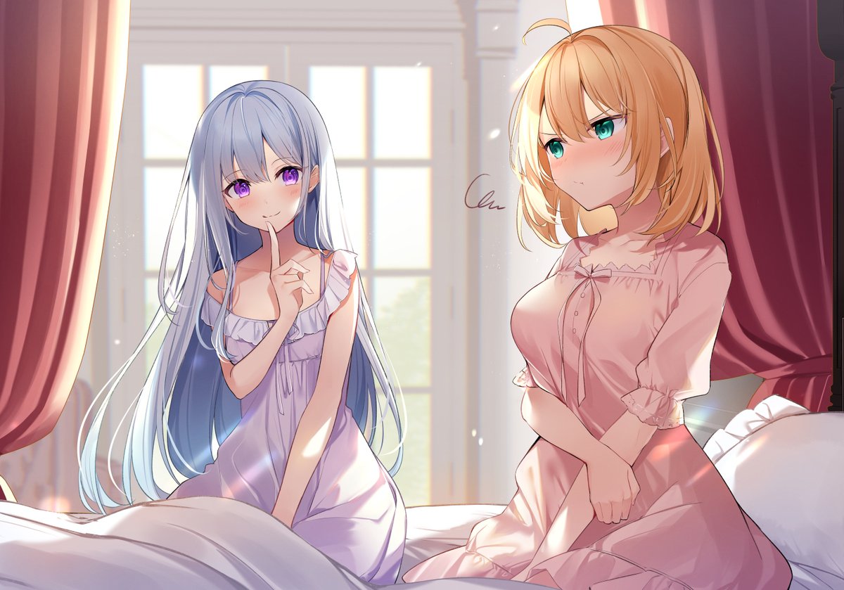 2girls, ahoge, anisphia_wynn_palettia, anne-sophia_wynn_palletia, bangs, blonde_hair, blurry, blurry_background, blush, breasts, closed_mouth, collarbone, commentary_request, curtains, depth_of_field, dress, euphilia_magenta, euphyllia_magenta, eyebrows_visible_through_hair, finger_to_mouth, green_eyes, indoors, kisaragi_yuri, long_hair, looking_at_another, medium_breasts, medium_hair, multiple_girls, on_bed, pajamas, pout, silver_hair, sitting, sitting_on_bed, small_breasts, smile, tensei_oujo_to_tensai_reijou_no_mahou_kakumei, very_long_hair, violet_eyes, window, yuri