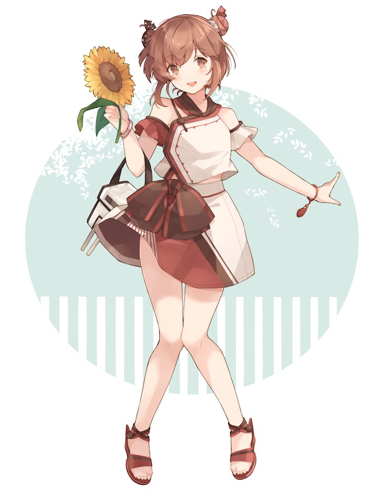 1girl, barefoot, blush, brown_eyes, brown_hair, double_bun, eyebrows_visible_through_hair, flower