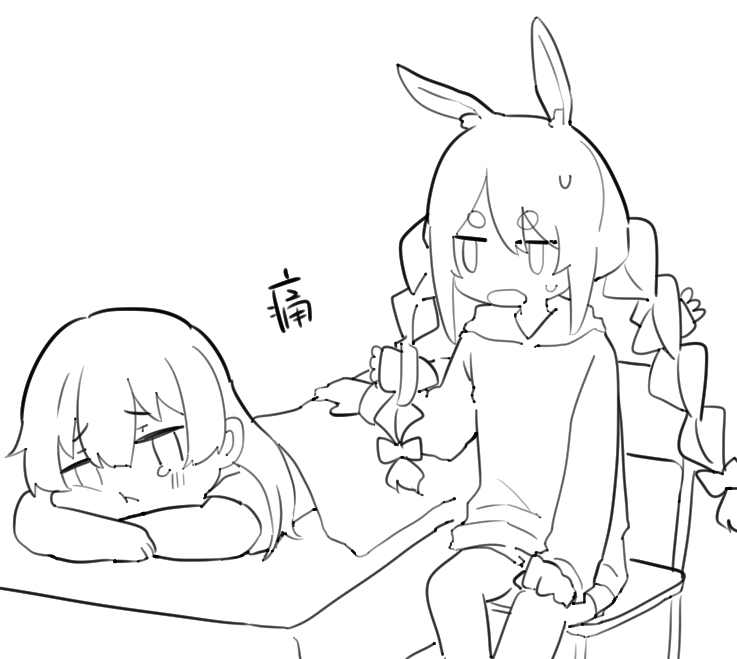 2girls, animal_ears, braid, chair, hair_down, hololive, hood, hoodie