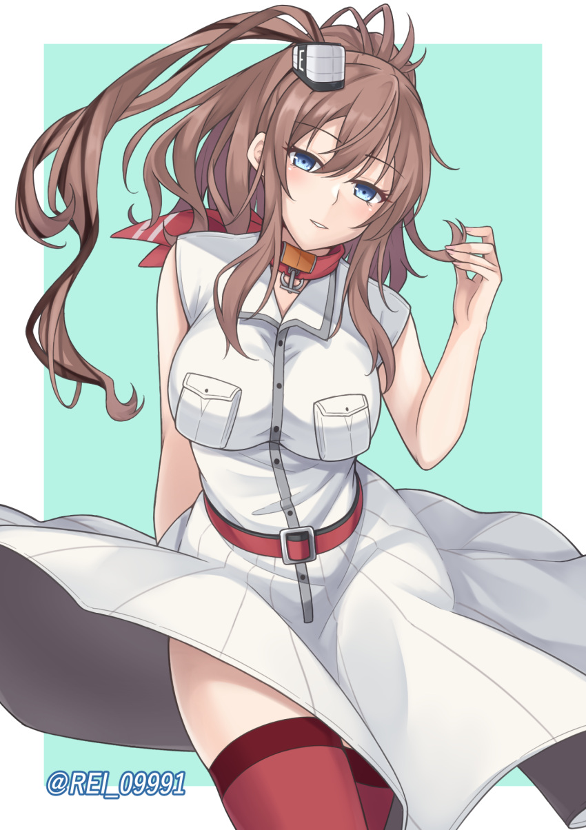 1girl, battle_effectiveness_award, blue_eyes, breast_pocket, breasts, brown_hair, dress, hair_between_eyes