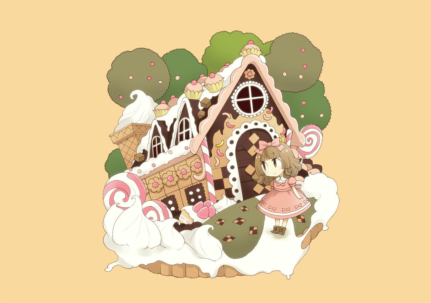 1girl, bow, brown_hair, cake, candy, chibi, child, cupcake