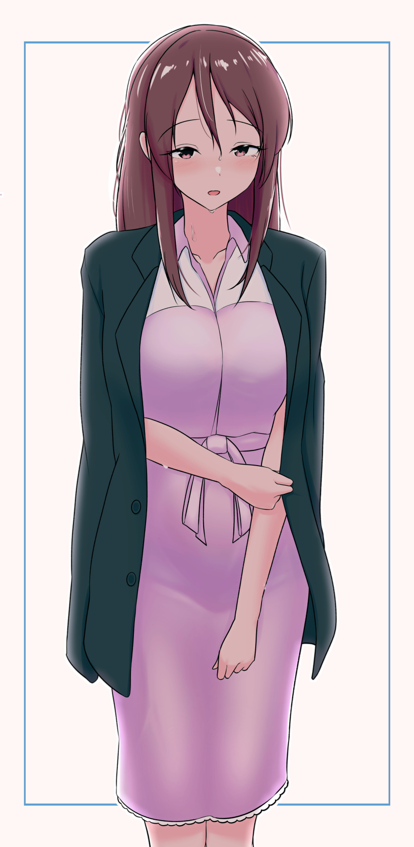 1girl, :o, absurdres, blue_border, blush, border, collarbone, cowboy_shot