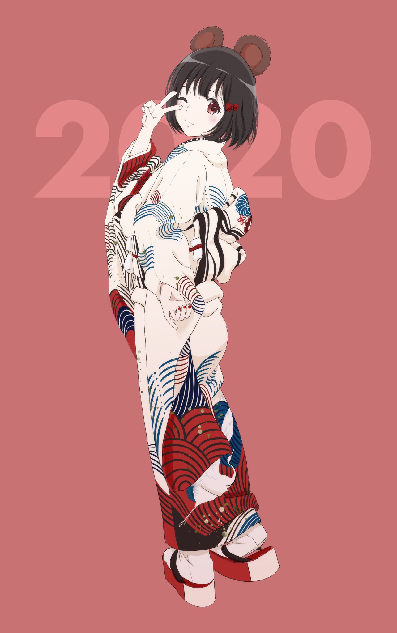 1girl, 2020, animal_ears, bangs, black_hair, bow, closed_mouth, cuvier3240