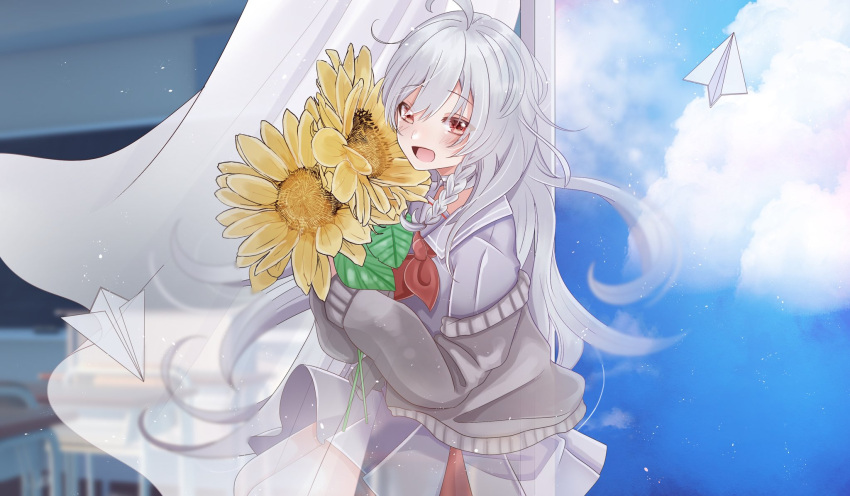1girl, benitora, flower, grey_hair, highres, indie_virtual_youtuber, itigo_itika, long_hair