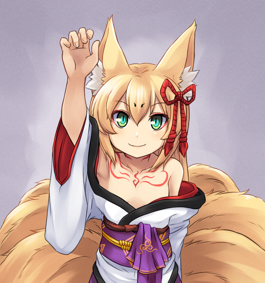 1girl, animal_ear_fluff, animal_ears, arm_up, bangs, bare_shoulders, blonde_hair, chest_tattoo
