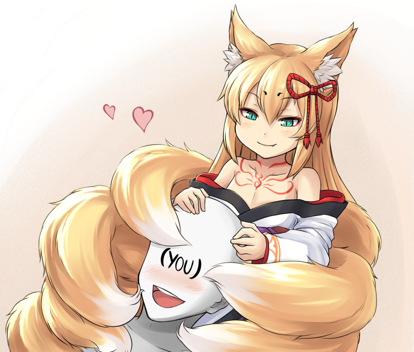 1girl, 1other, animal_ear_fluff, animal_ears, bangs, bare_shoulders, blonde_hair, blush
