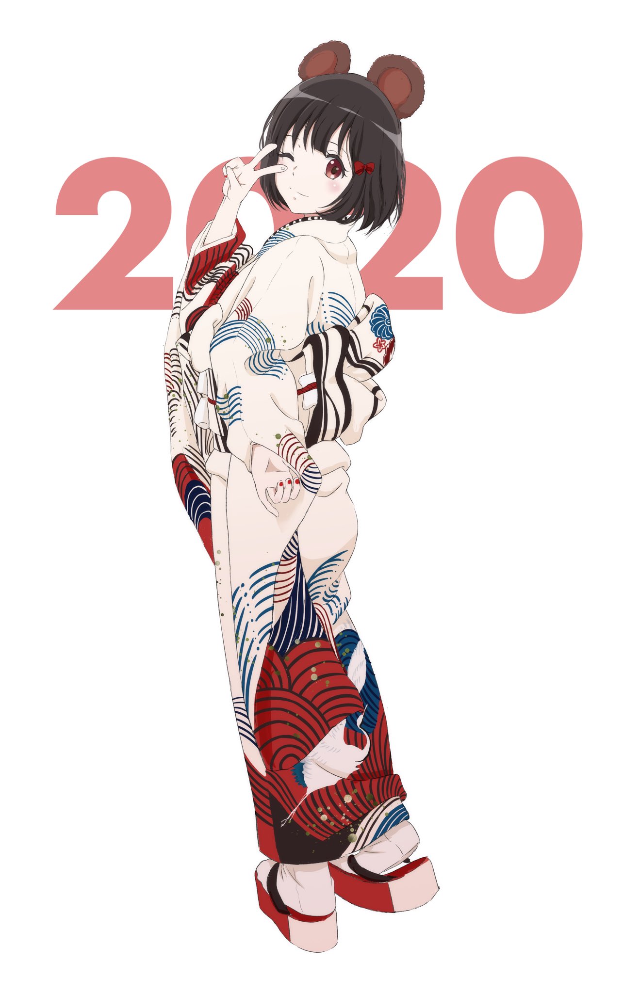 1girl, 2020, animal_ears, bangs, black_hair, bow, closed_mouth, cuvier3240