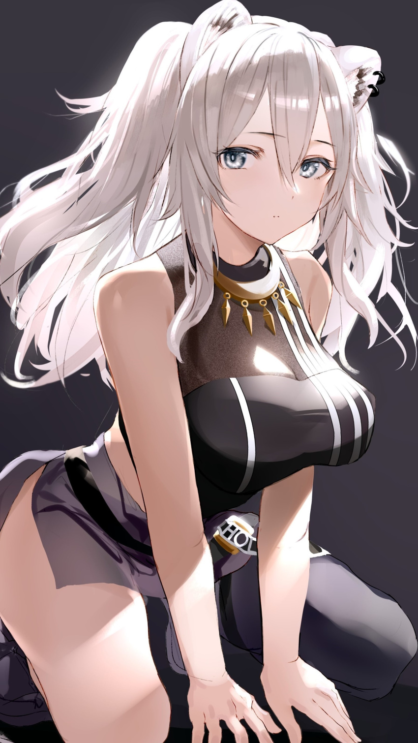 1girl, absurdres, animal_ears, asymmetrical_legwear, breasts, dogxfish, grey_eyes, grey_hair