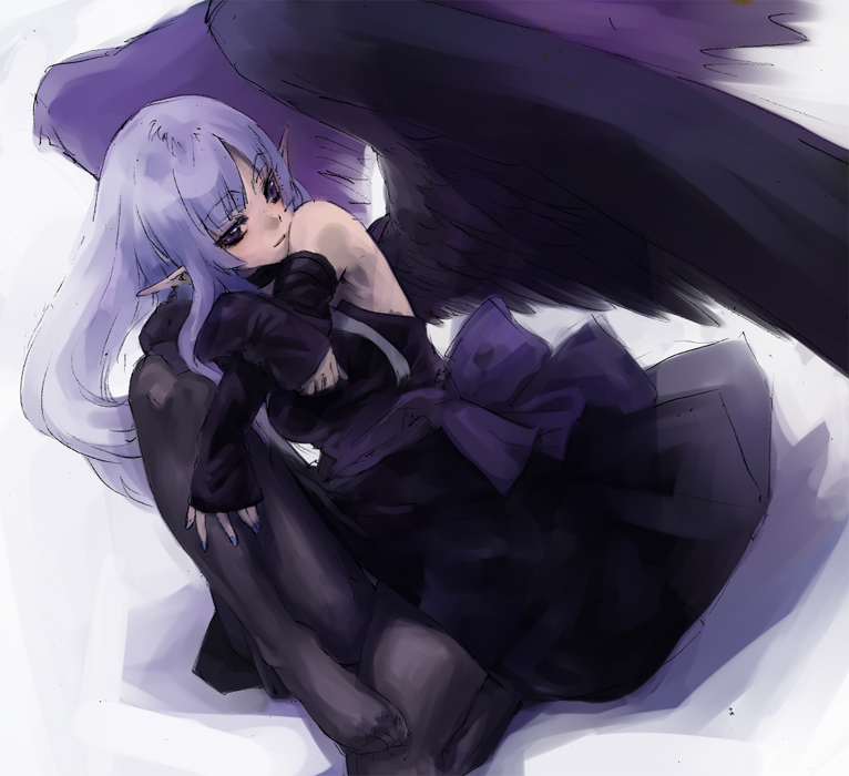 blue_eyes, blue_hair, detached_sleeves, dress, ikuhana_niiro, night_winged_sorceress, pantyhose, pointy_ears