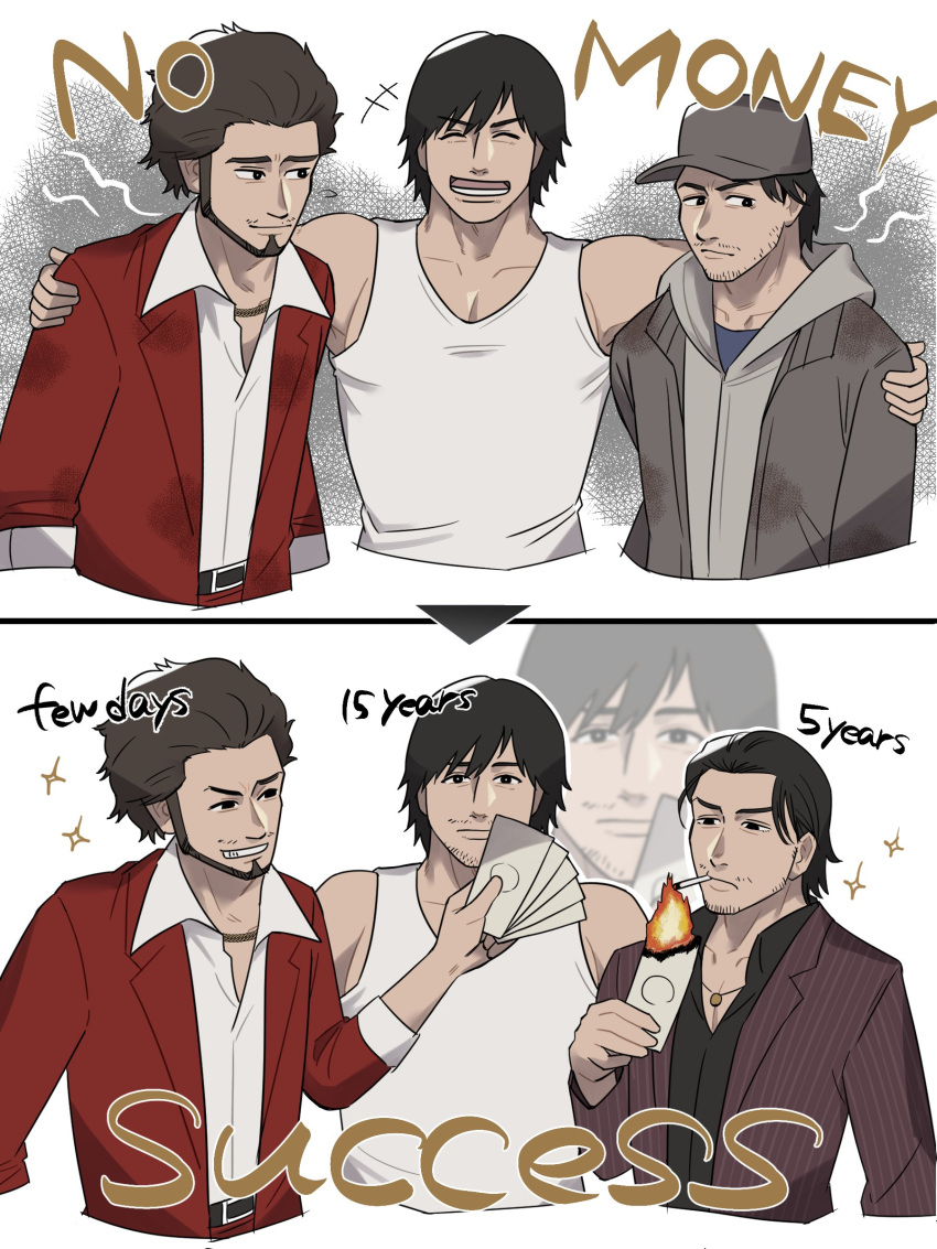 3boys, absurdres, afro, akiyama_shun, black_hair, black_shirt, brown_hair, brown_jacket