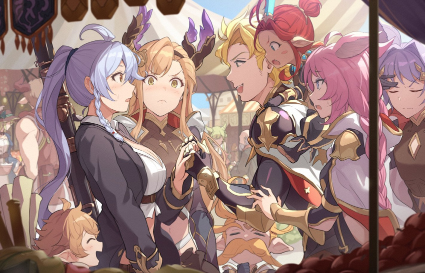 blonde_hair, breasts, cape, esser, frown, funf, granblue_fantasy, headgear