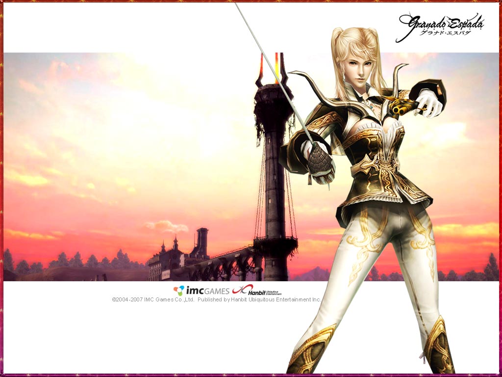 blonde_hair, costume, fighter_(granado_espada), granado_espada, gun, sabre, wallpaper, weapon
