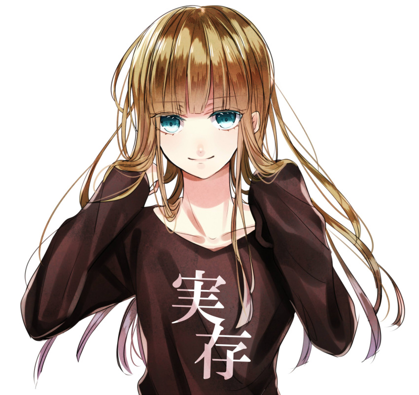1boy, arms_up, bangs, black_shirt, closed_mouth, green_eyes, gretel_(sinoalice), hair_between_eyes