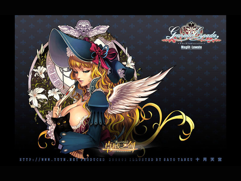 black_cat, bonnet, breasts, cat, elementalist_(granado_espada), flower, granado_espada, hat
