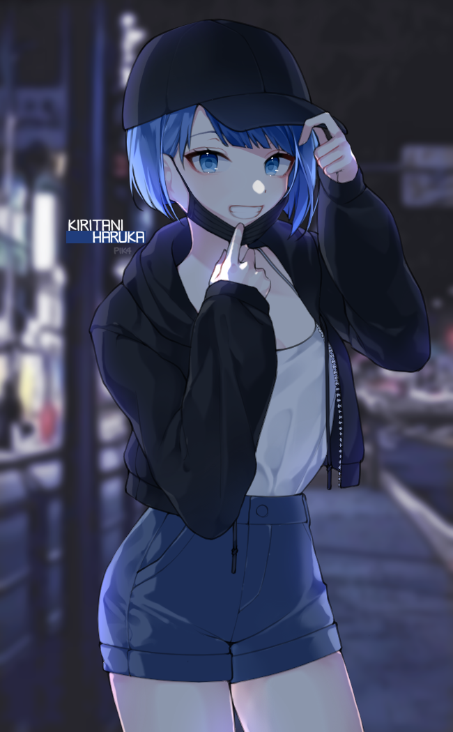 bangs, black_headwear, black_jacket, blue_eyes, blue_hair, blurry, blurry_background, character_name
