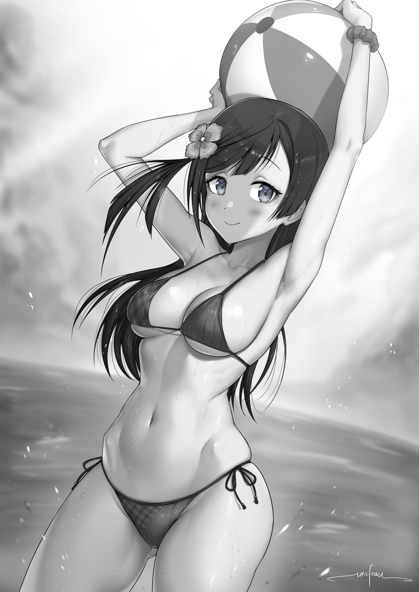 1girl, armpits, arms_up, artist_name, ass_visible_through_thighs, ball, bangs, beachball