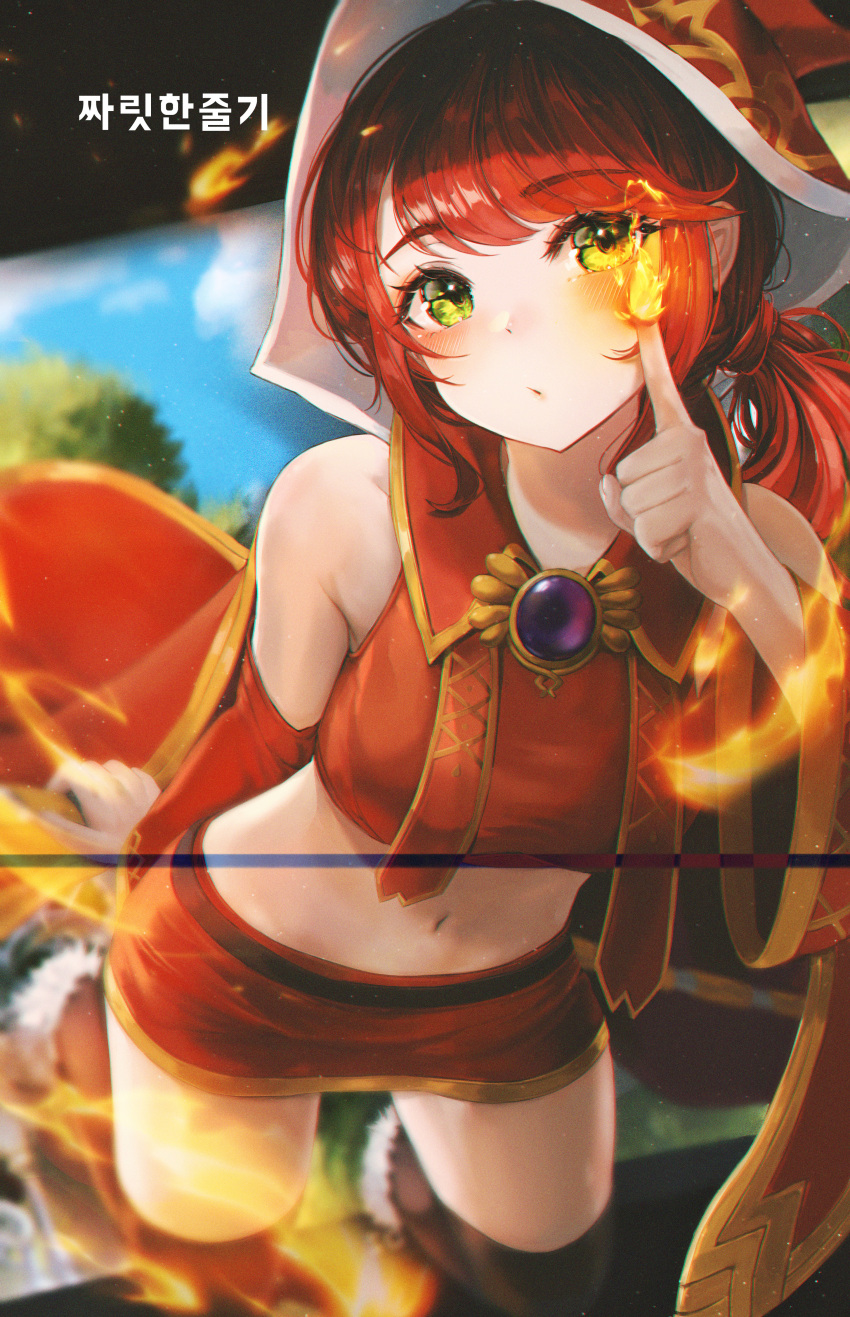 1girl, absurdres, armpit_crease, bare_shoulders, bbeedol, black_legwear, blurry, breasts