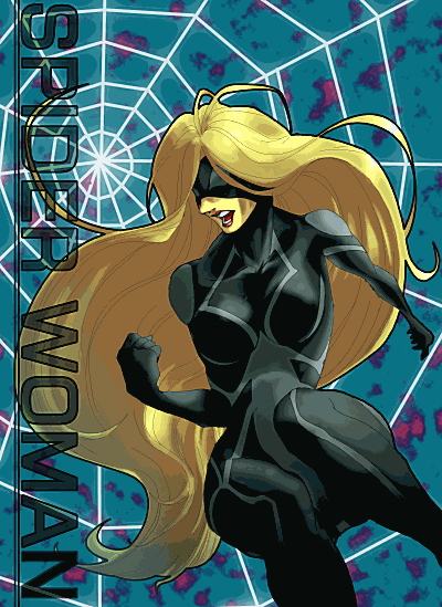 blonde_hair, bodysuit, butaco, female, lipstick, long_hair, marvel, mask, open_mouth, skin_tight, solo, spider_woman, web