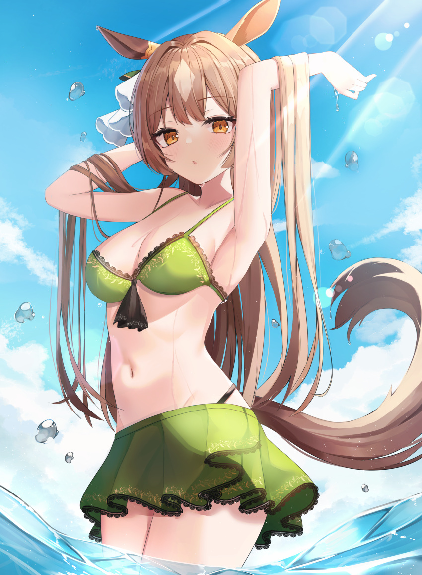 1girl, absurdres, animal_ears, armpits, arms_up, bikini, bikini_skirt, blue_sky