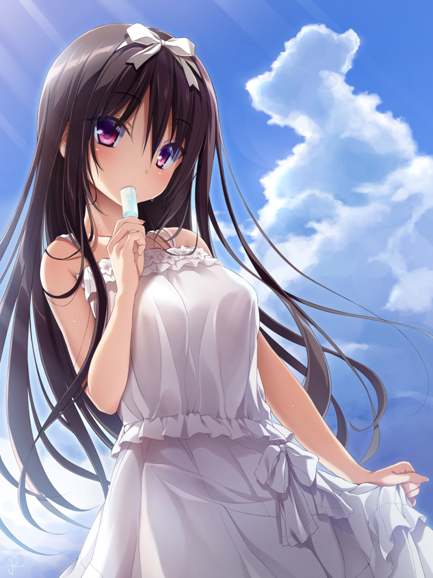 1girl, amatsutsumi, bangs, bare_arms, bare_shoulders, black_hair, blue_sky, blush