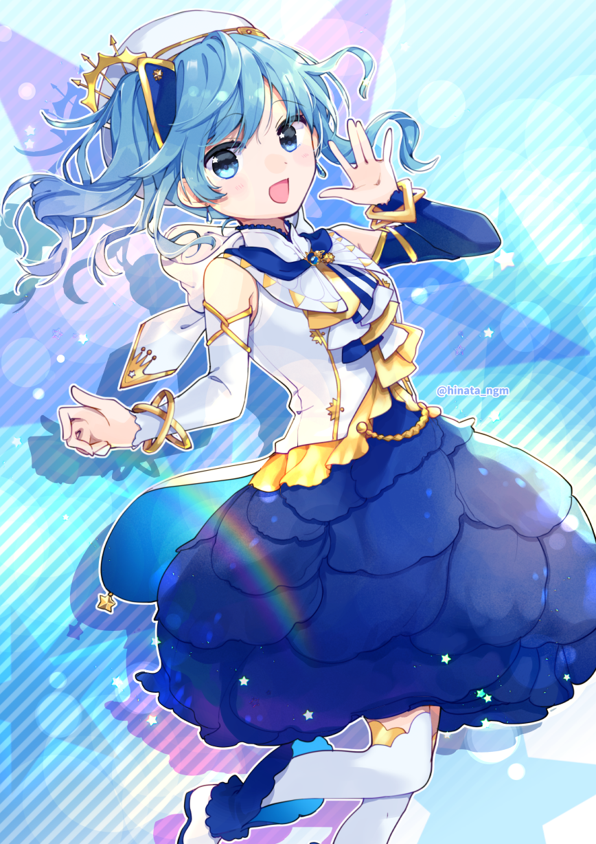 1girl, ;d, awai_hinata, bangs, beret, blue_eyes, blue_hair, blue_skirt