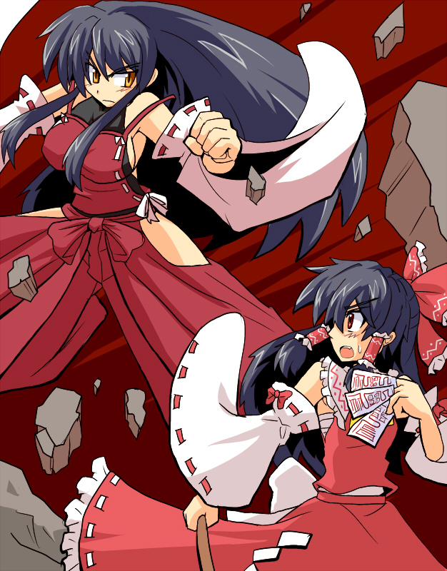 black_hair, detached_sleeves, gohei, hair_ribbon, hair_tubes, hakurei_reimu, harukatron, long_hair