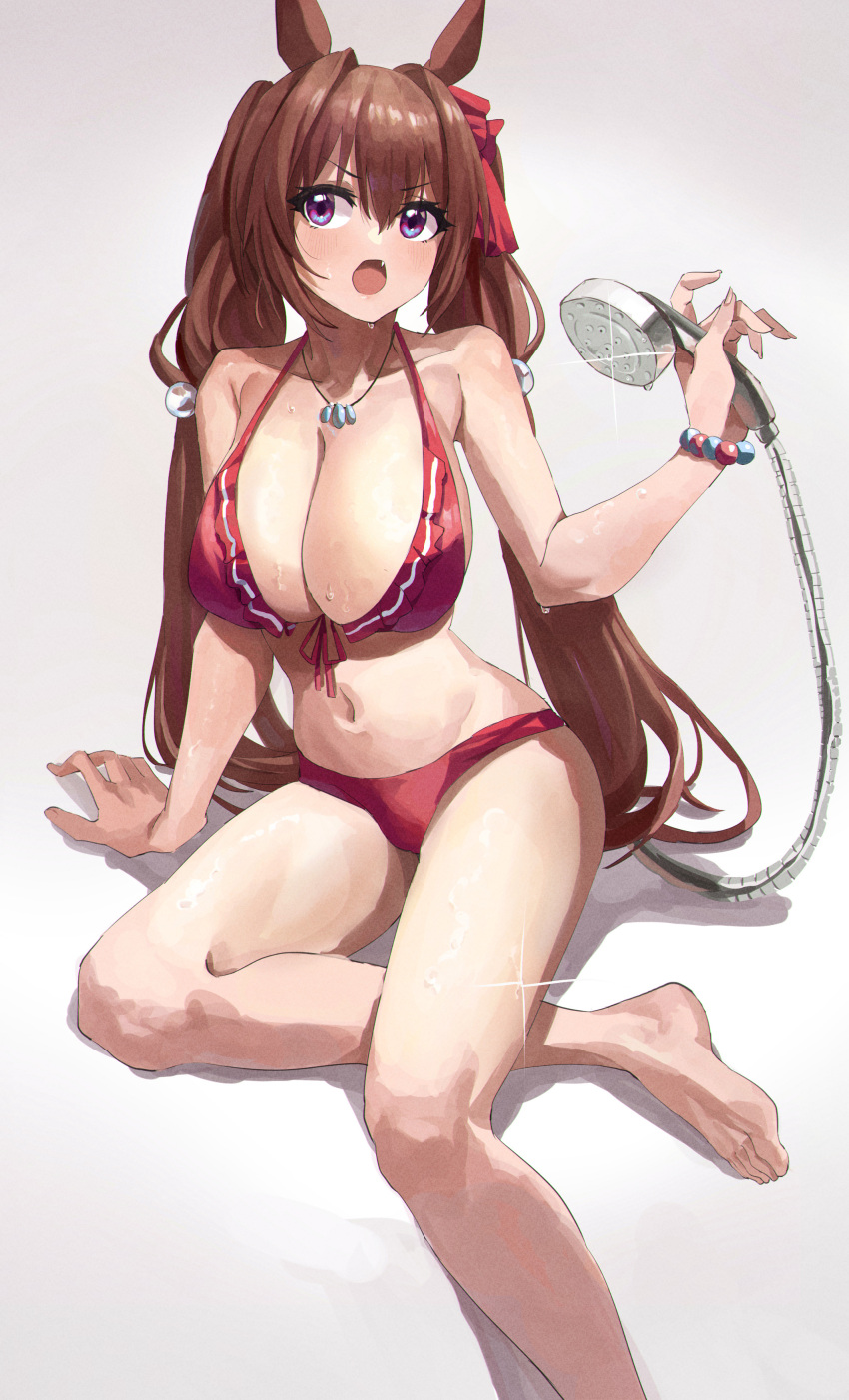 1girl, absurdres, animal_ears, barefoot, bikini, breasts, brown_hair, commentary_request