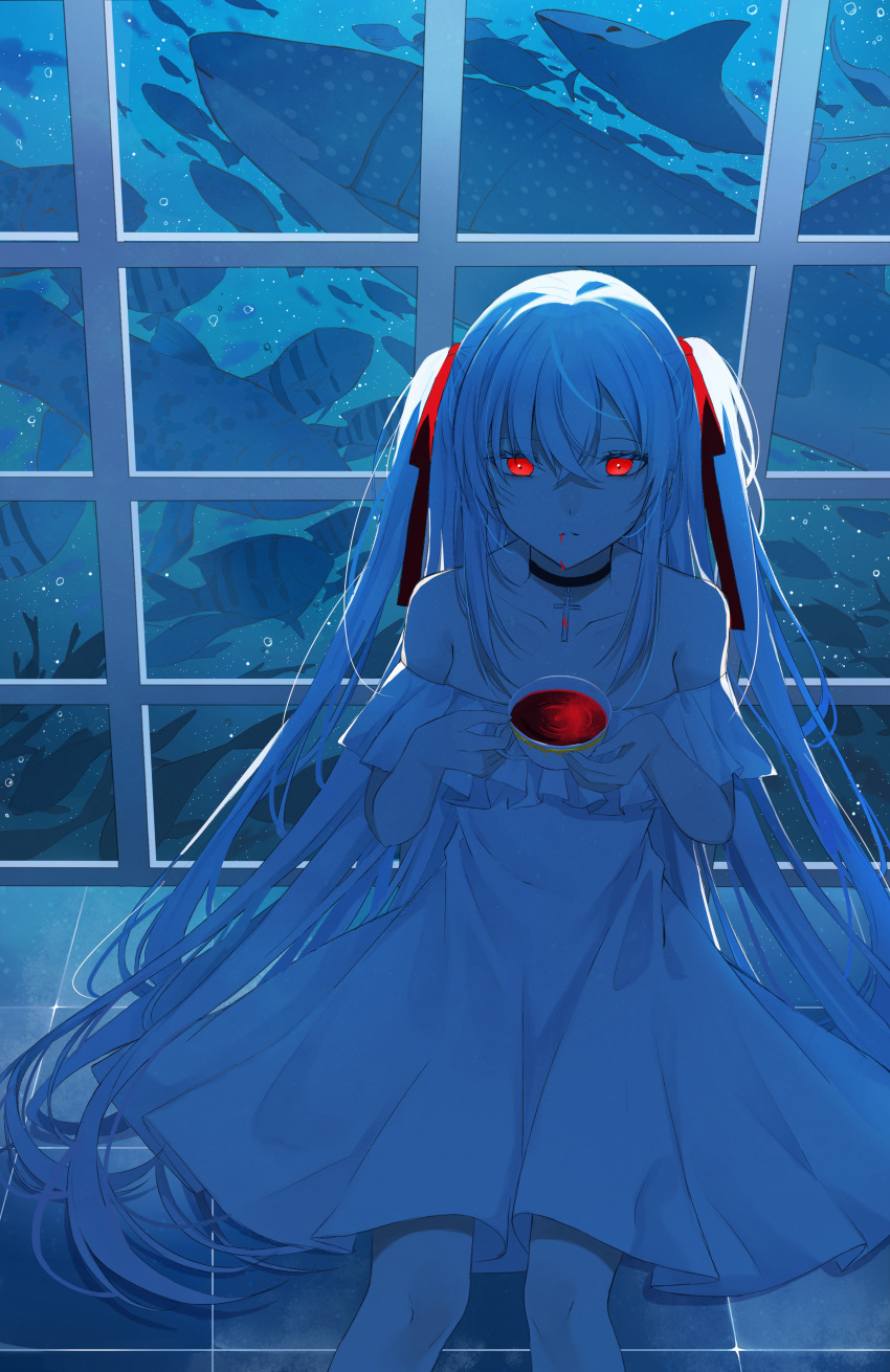 1girl, absurdres, air_bubble, bangs, bare_shoulders, black_choker, blood, blood_in_mouth