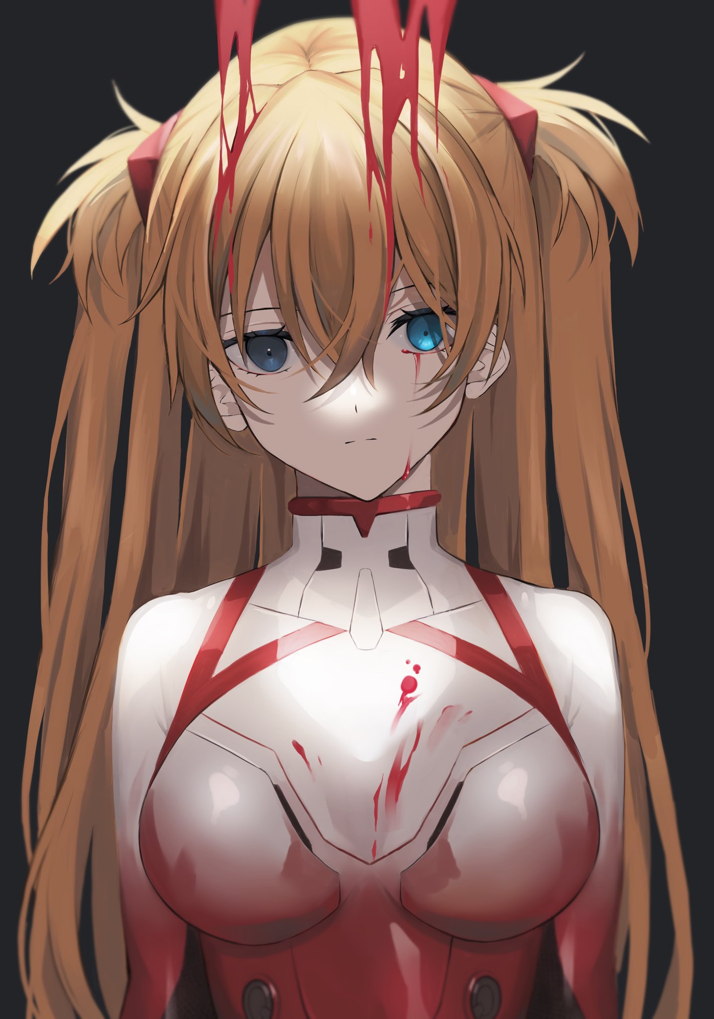 1girl, ambiguous_red_liquid, blue_eyes, blurry, bodysuit, breasts, closed_mouth, commentary