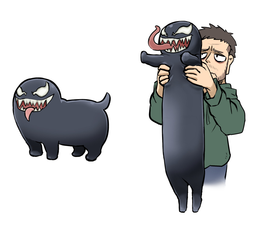 1boy, animal, animalization, blank_eyes, brown_hair, chamaji, commentary, eddie_brock, highres, holding, holding_animal, hood, hoodie, jitome, long_sleeves, long_tongue, longcat, marvel, meme, pants, sharp_teeth, simple_background, spider-man_(series), tail, teeth, tongue, tongue_out, upper_body, venom_(marvel), what, white_background