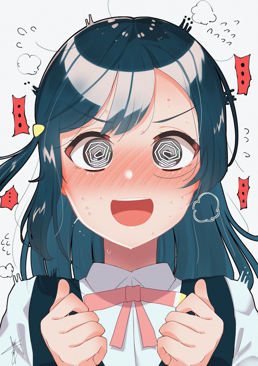 ..., 1girl, @_@, bangs, black_hair, blush, close-up, commentary
