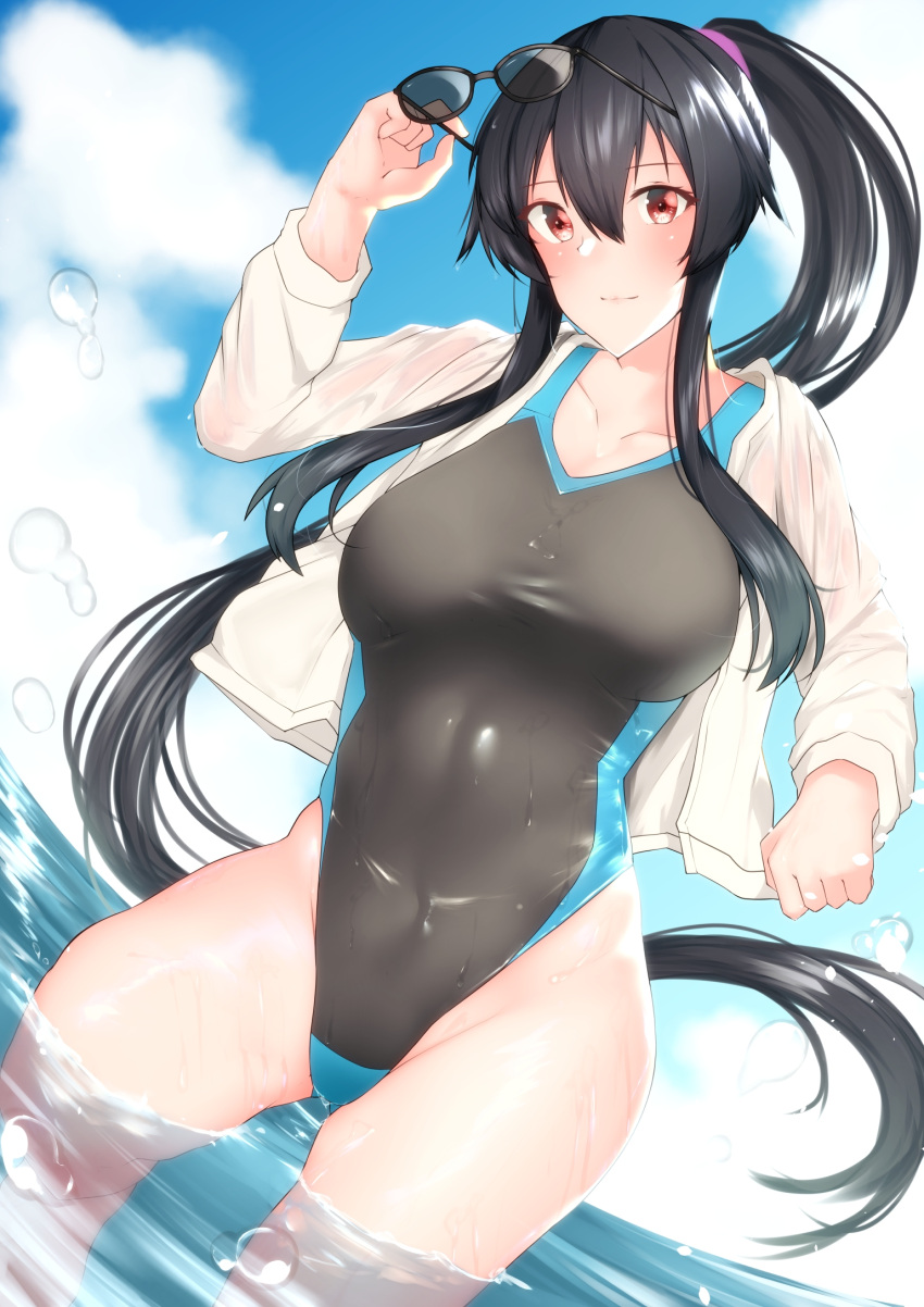 1girl, black_hair, black_swimsuit, blue_sky, clouds, collarbone, competition_swimsuit, cowboy_shot, dutch_angle, eyewear_removed, highleg, highleg_swimsuit, highres, jacket, kantai_collection, long_hair, one-piece_swimsuit, open_clothes, open_jacket, ponytail, red_eyes, scrunchie, sidelocks, sky, soaking_feet, solo, swimsuit, water, white_jacket, yahagi_(kancolle), z_(knkr1025)