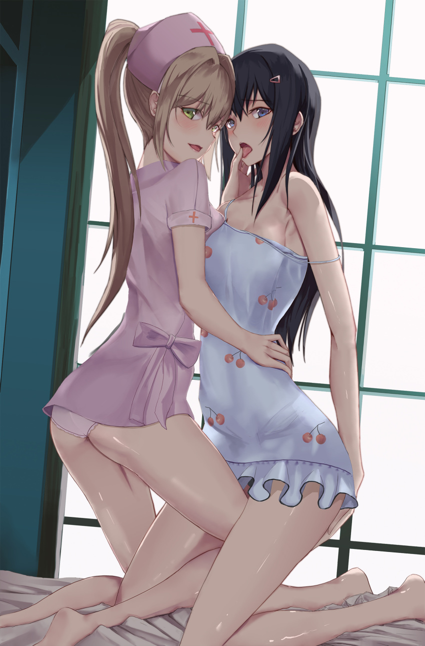 2girls, absurdres, black_hair, blonde_hair, blue_eyes, blush, commentary_request, eyebrows_visible_through_hair