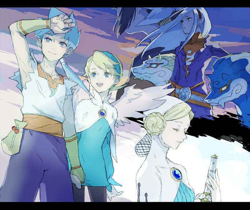 3girls, a-tur, angel_wings, blonde_hair, blue_hair, breasts, breath_of_fire, breath_of_fire_iv, closed_mouth, dress, elina_(breath_of_fire), feathered_wings, fou-lu, hairband, jewelry, kuromu_(kaeru), mami_(breath_of_fire), multiple_girls, necklace, nina_(breath_of_fire_iv), ryuu_(breath_of_fire_iv), short_hair, siblings, sisters, smile, very_short_hair, white_wings, wings, won-qu