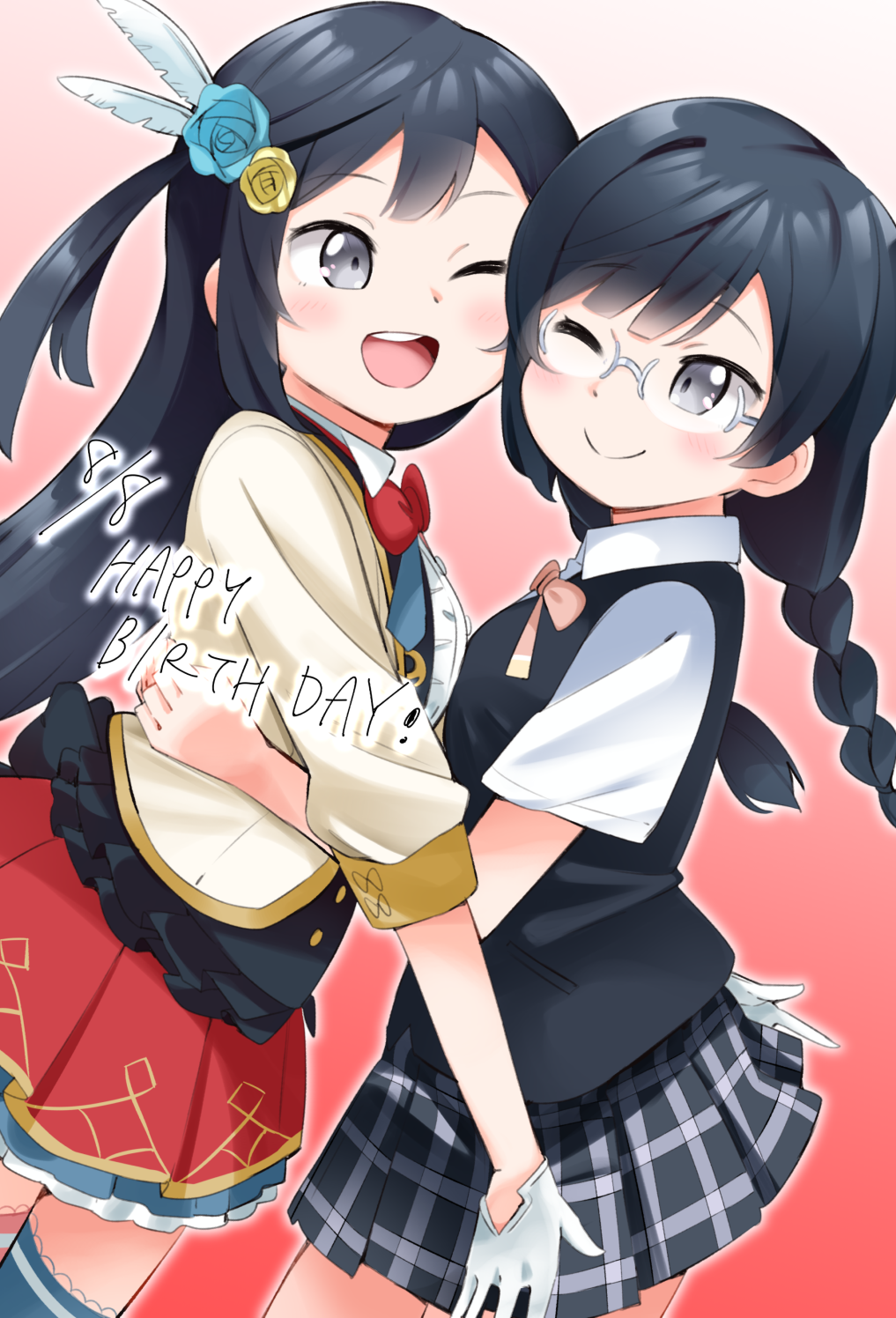 2girls, bangs, birthday, black_hair, braid, breast_press, commentary, dated, dual_persona, eyebrows_visible_through_hair, flower, glasses, gloves, grey-framed_eyewear, grey_eyes, hair_flower, hair_ornament, happy_birthday, highres, i'll_protect_your_smile!_(love_live!), long_hair, love_live!, love_live!_nijigasaki_high_school_idol_club, multiple_girls, nakagawa_nana, nijigasaki_academy_uniform, one_eye_closed, ry770094, school_uniform, short_sleeves, side_ponytail, sidelocks, symmetrical_docking, twin_braids, white_gloves, yuuki_setsuna_(love_live!)